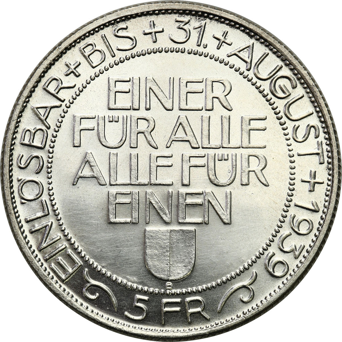 Szwajcaria. 5 Franków 1939, Luzern - nakład 40.000 sztuk